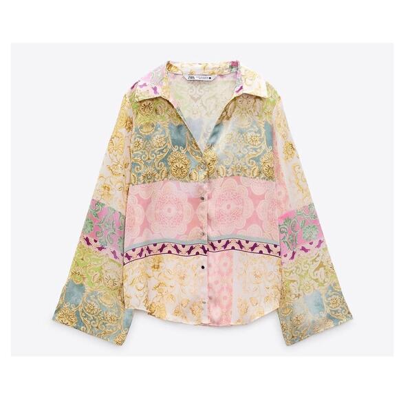 Zara Women’s Patchwork Printed Blouse Sz S Boho Chic Bloggers Favorite - Picture 1 of 8